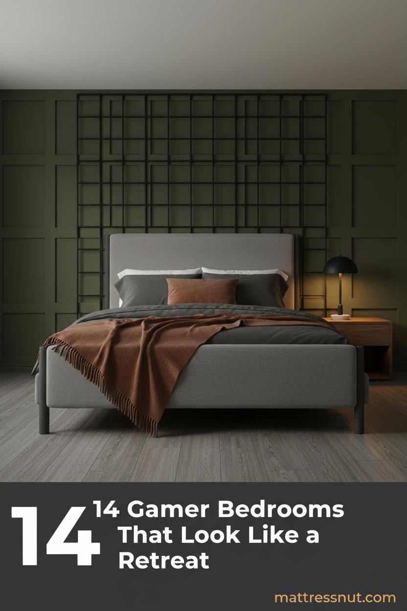 Cozy gamer bedroom with deep olive board-and-batten walls, matte black steel grid panel, charcoal duvet, rust throw, and warm amber lamp glow