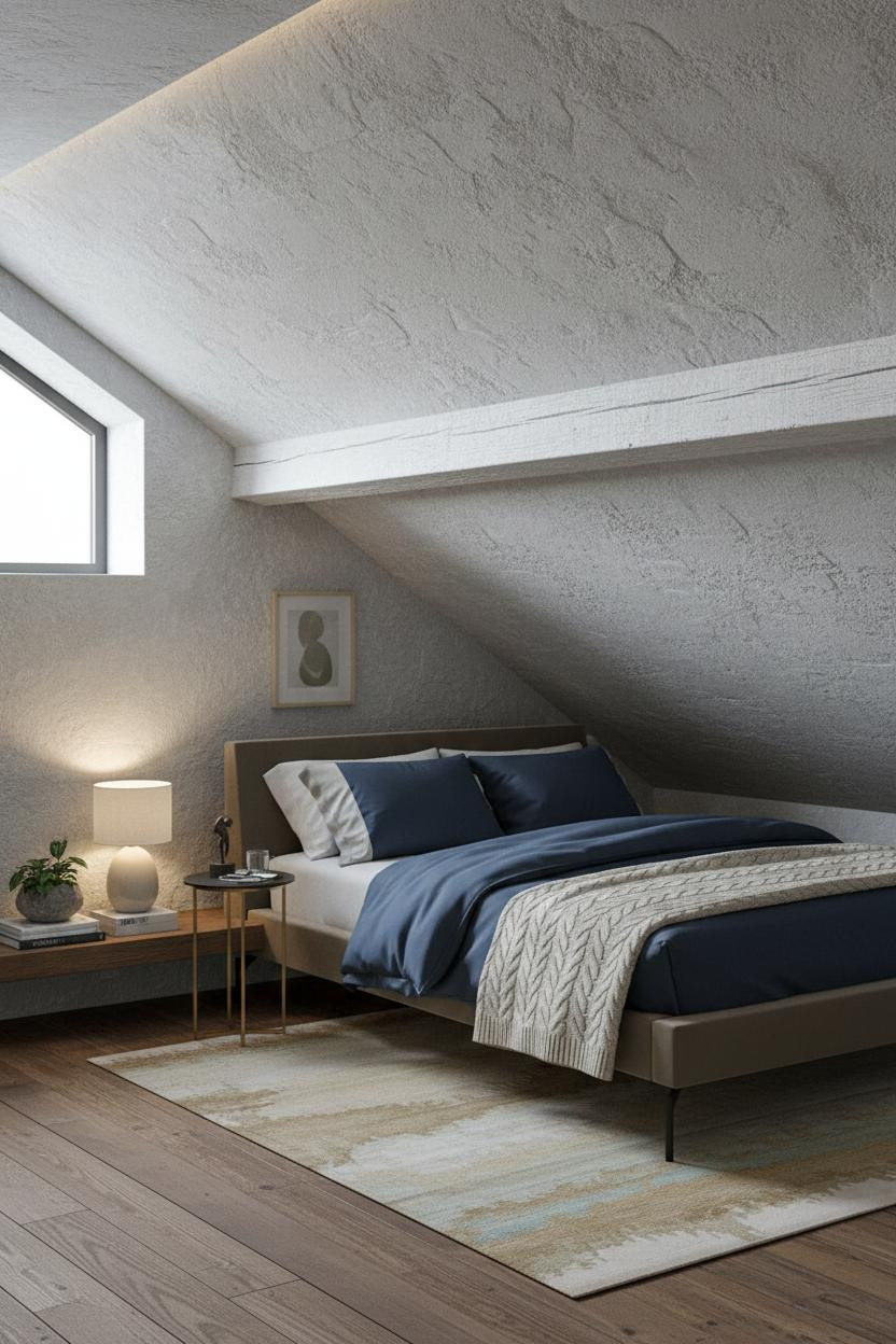 Cozy Minimalist Attic Bedroom Stone Plaster