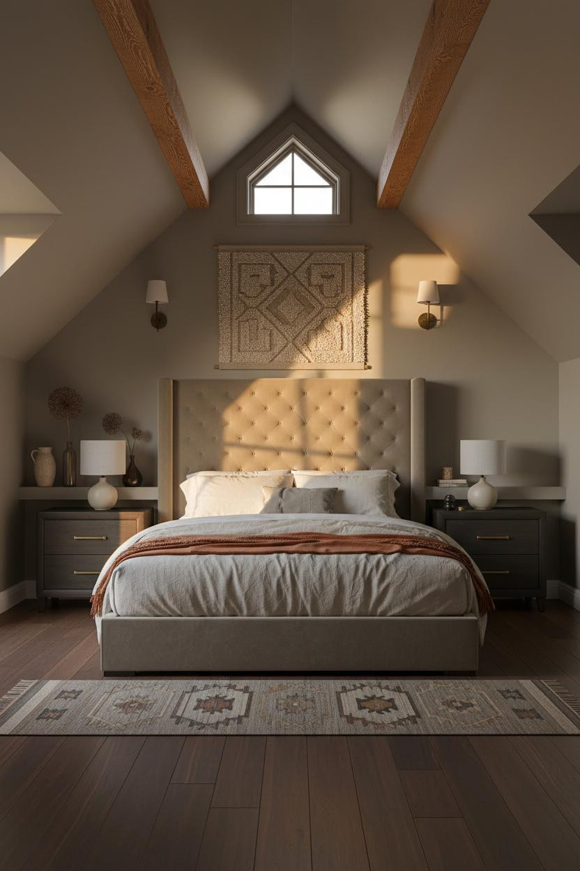 Cozy Minimalist Attic Bedroom Warm Beams