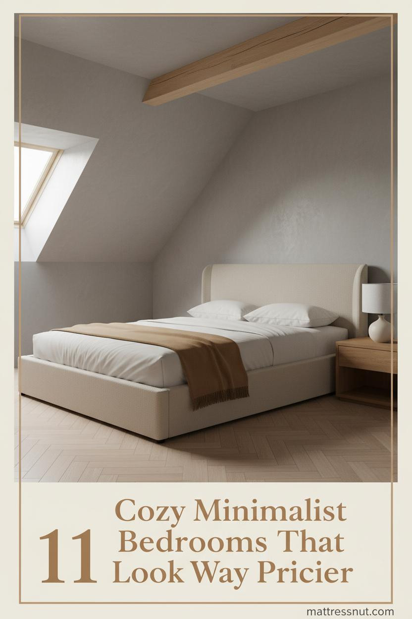 Attic minimalist bedroom with dove-grey limewash walls, honey timber beam, cream percale bedding, camel wool throw, and warm oak nightstand