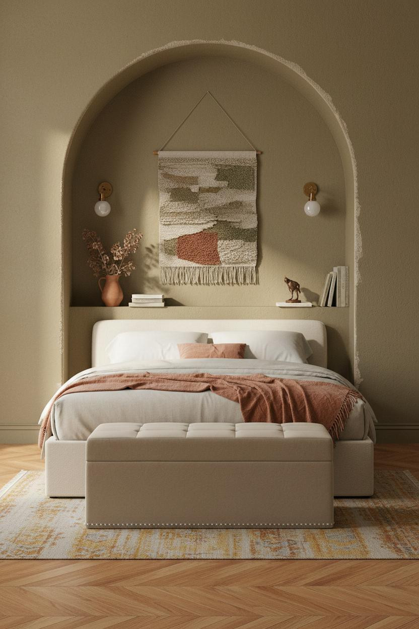 Cozy Vintage Bedroom Arched Alcove Herringbone