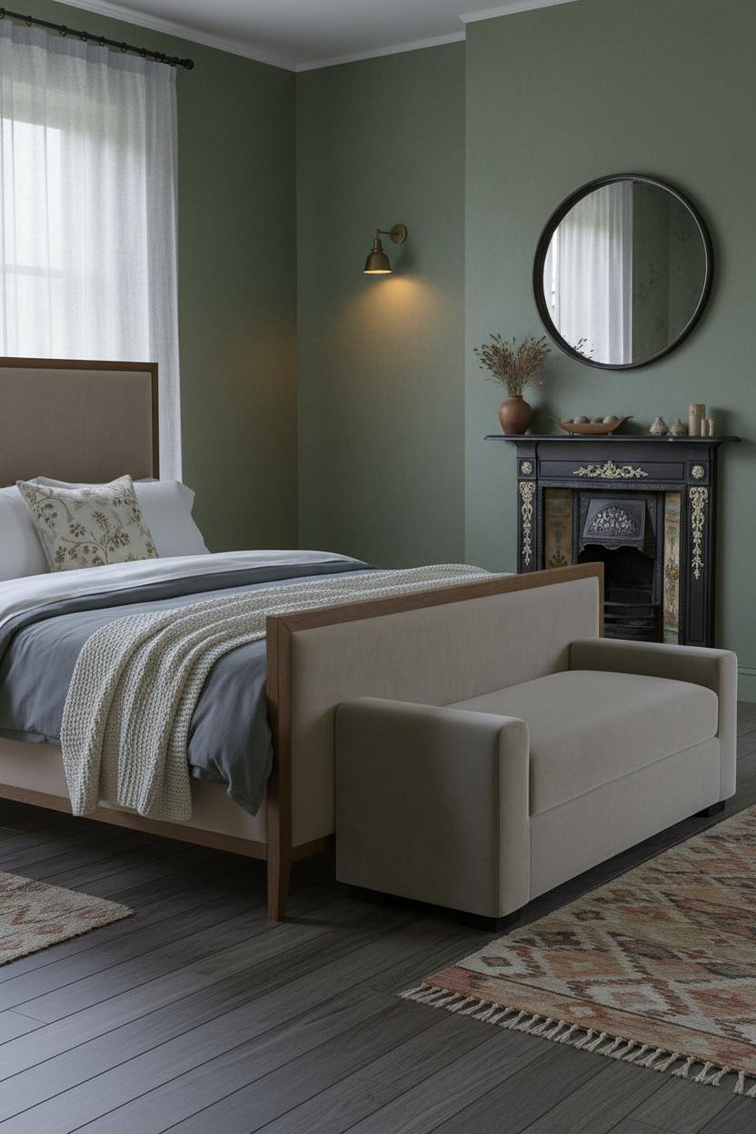 Cozy Vintage Bedroom Fireplace Moss Green