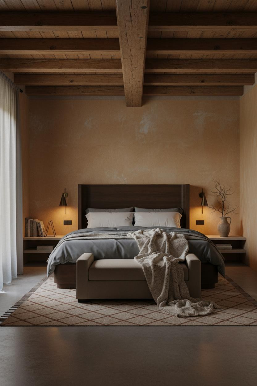 Cozy Vintage Bedroom Wood Beams Amber Lighting