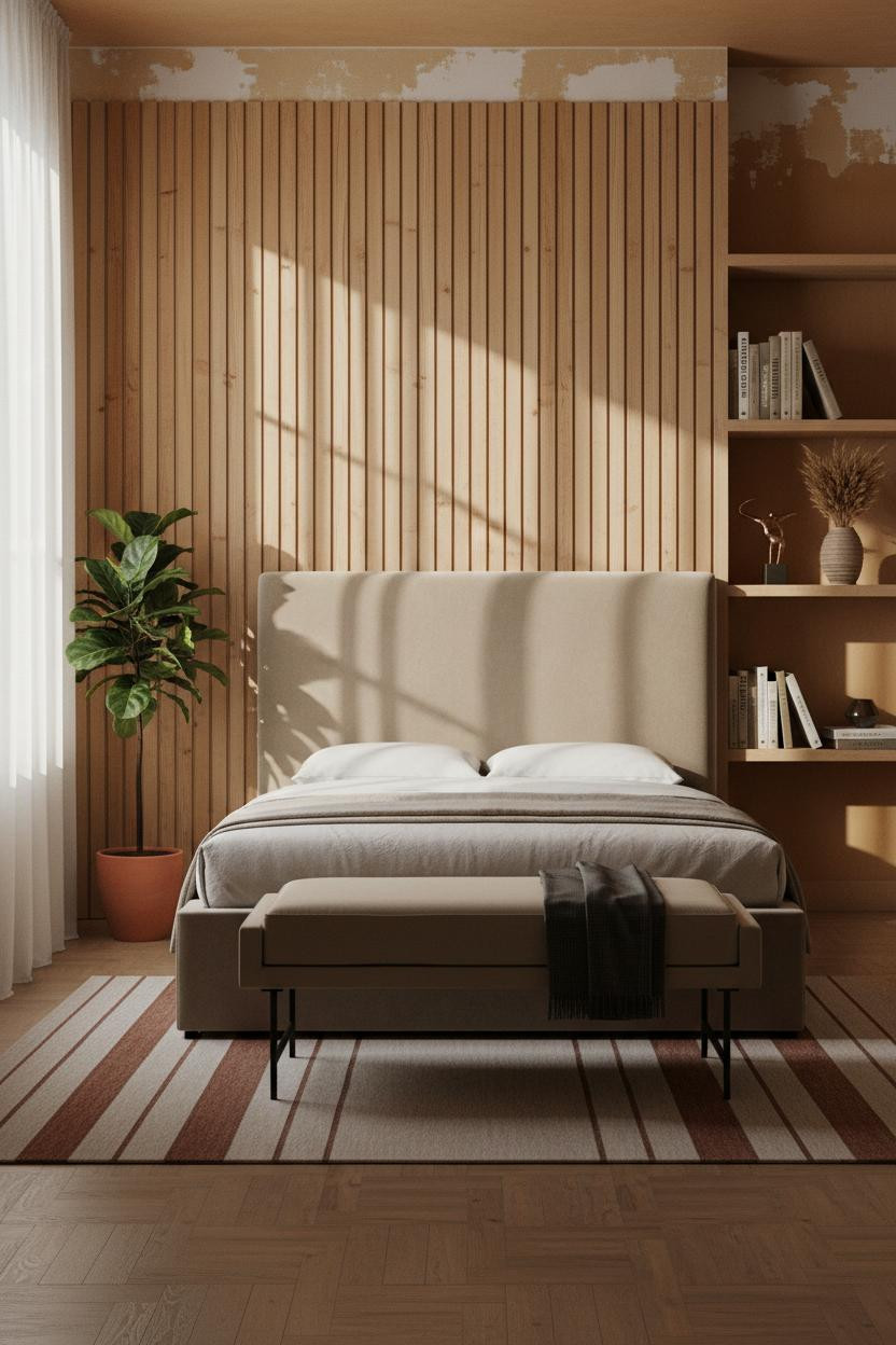 Cozy Vintage Bedroom Wood Paneling Linen
