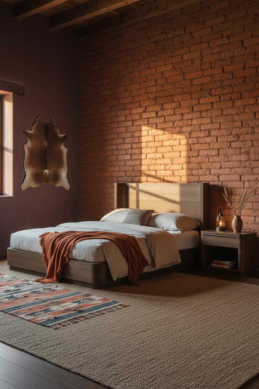 Cozy Western Bedroom Rustic Adobe Brick Plum