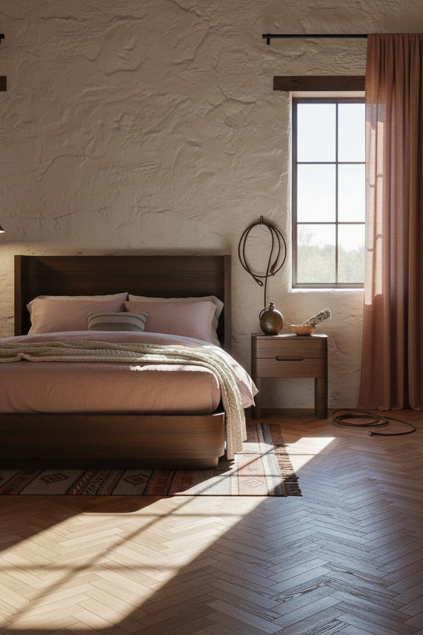 Cozy Western Bedroom Adobe Plaster Herringbone
