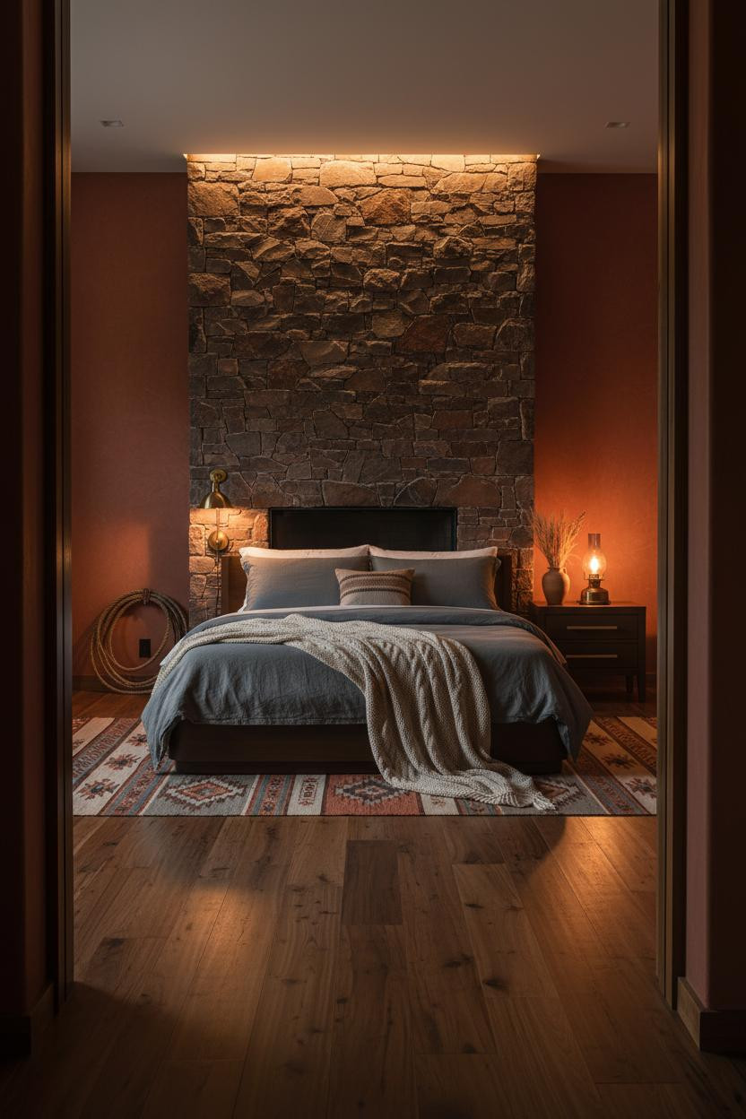 Cozy Western Bedroom Fieldstone Fireplace