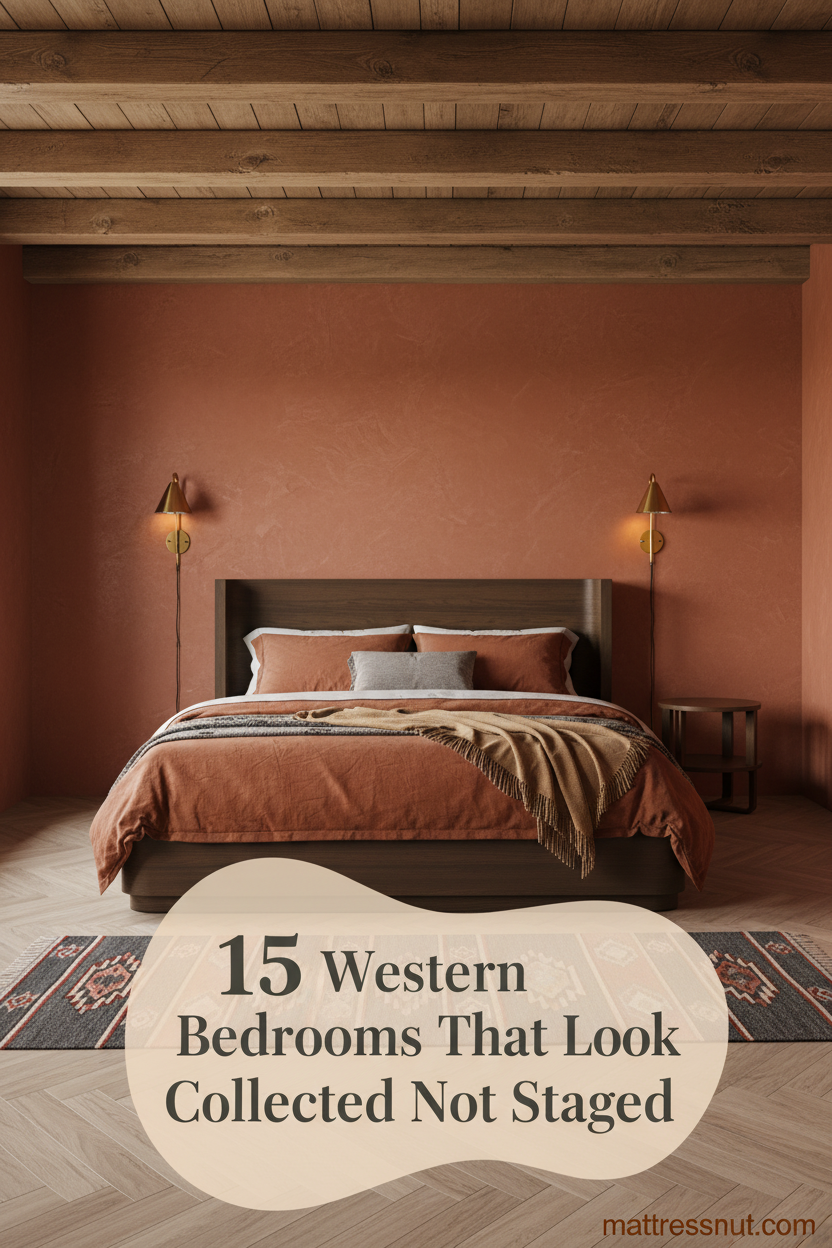 Terracotta plaster bedroom with reclaimed oak beam ceiling, rust linen bedding, camel wool throw, kilim runner, and warm brass sconce glow
