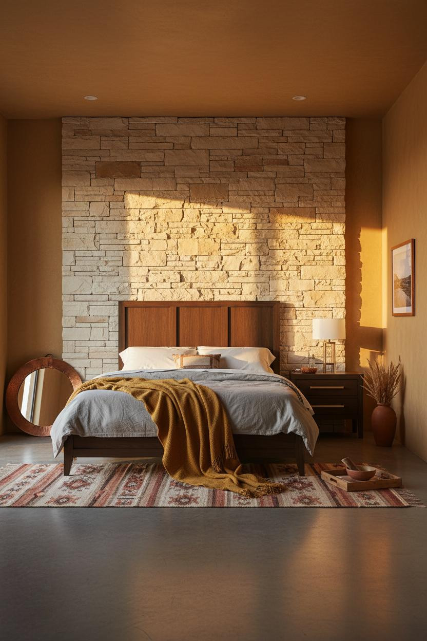 Cozy Western Bedroom Limestone Accent Wall