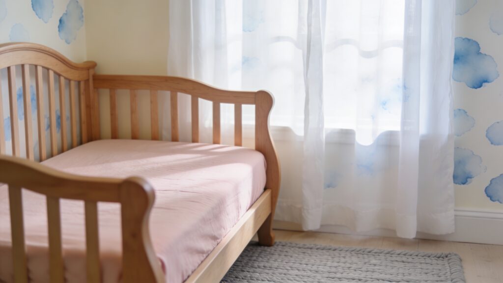 Crib with standard US mattress in soft pastel nursery