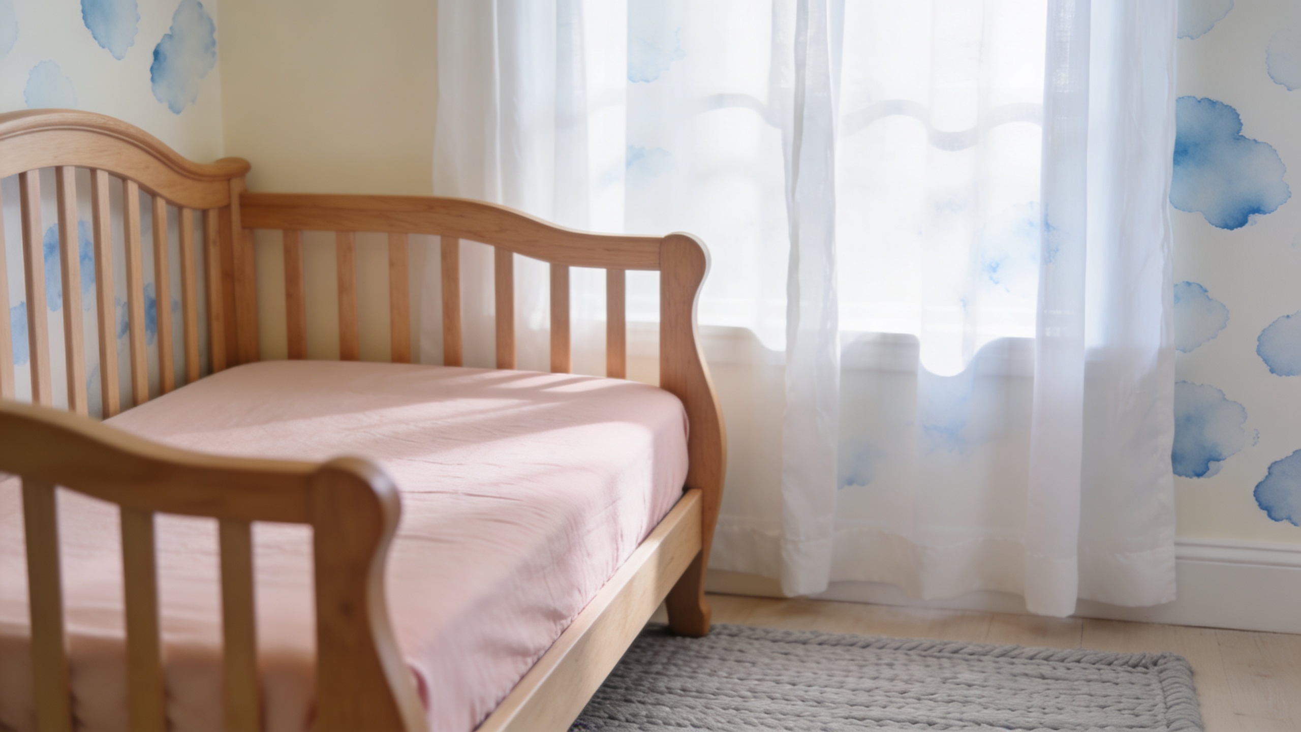 Crib with standard US mattress in soft pastel nursery