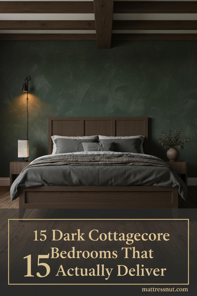 Dark cottagecore bedroom with forest green limewash wall, exposed oak beams, charcoal linen bedding, iron sconce, and dried botanicals in clay vessel