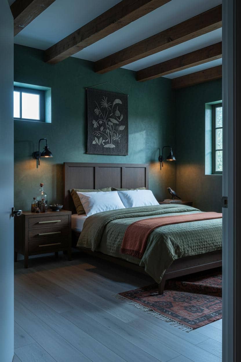 Dark Cottagecore Bedroom Exposed Beams Forestcore
