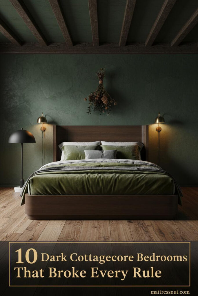 Dark cottagecore bedroom with forest-green limewash walls, charcoal linen bedding, moss velvet, brass sconces, and reclaimed oak floors
