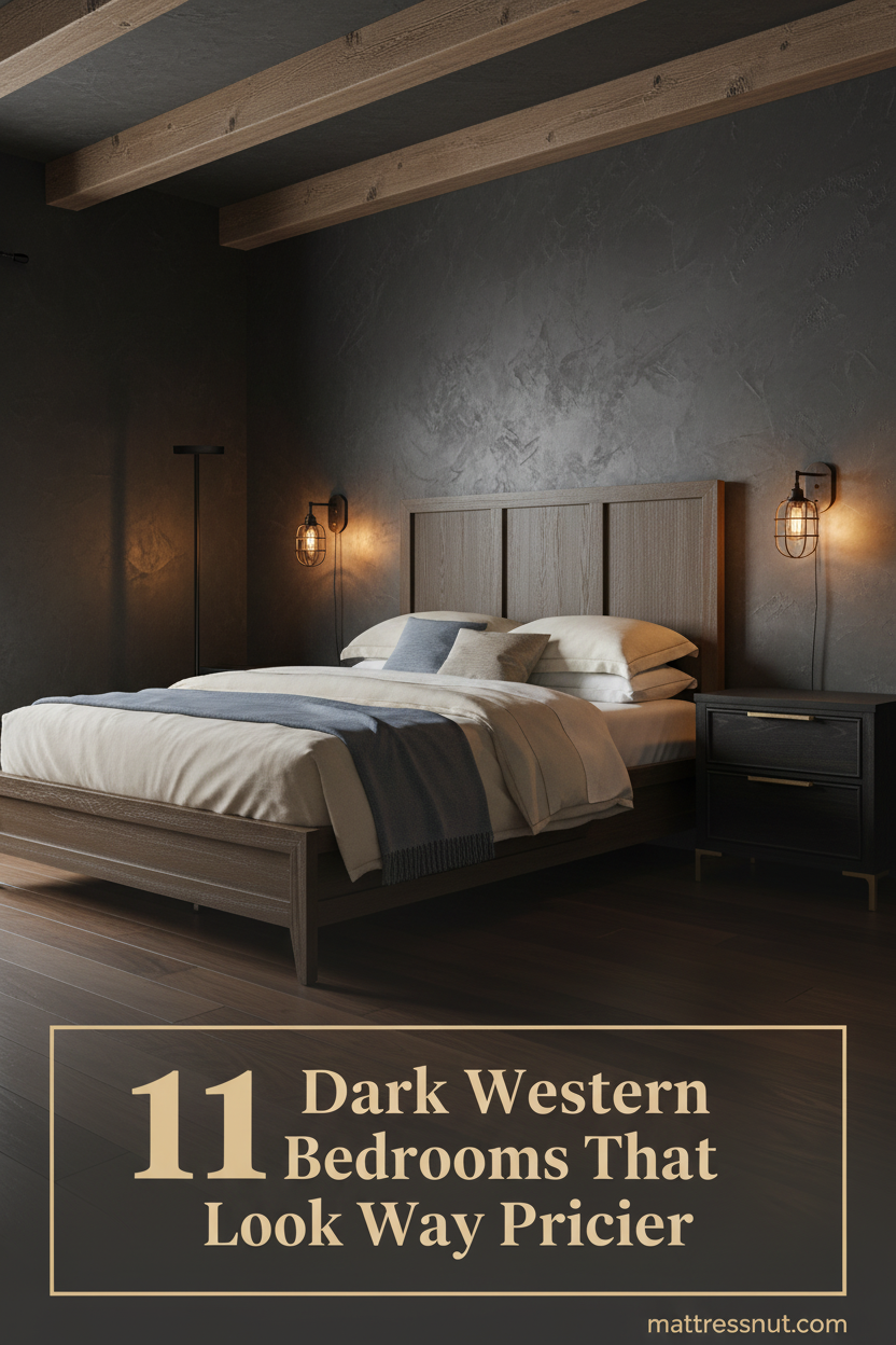 Dark charcoal plaster bedroom with hand-hewn timber beams, walnut floors, cream percale bedding, steel-blue wool throw, and amber iron sconce lighting