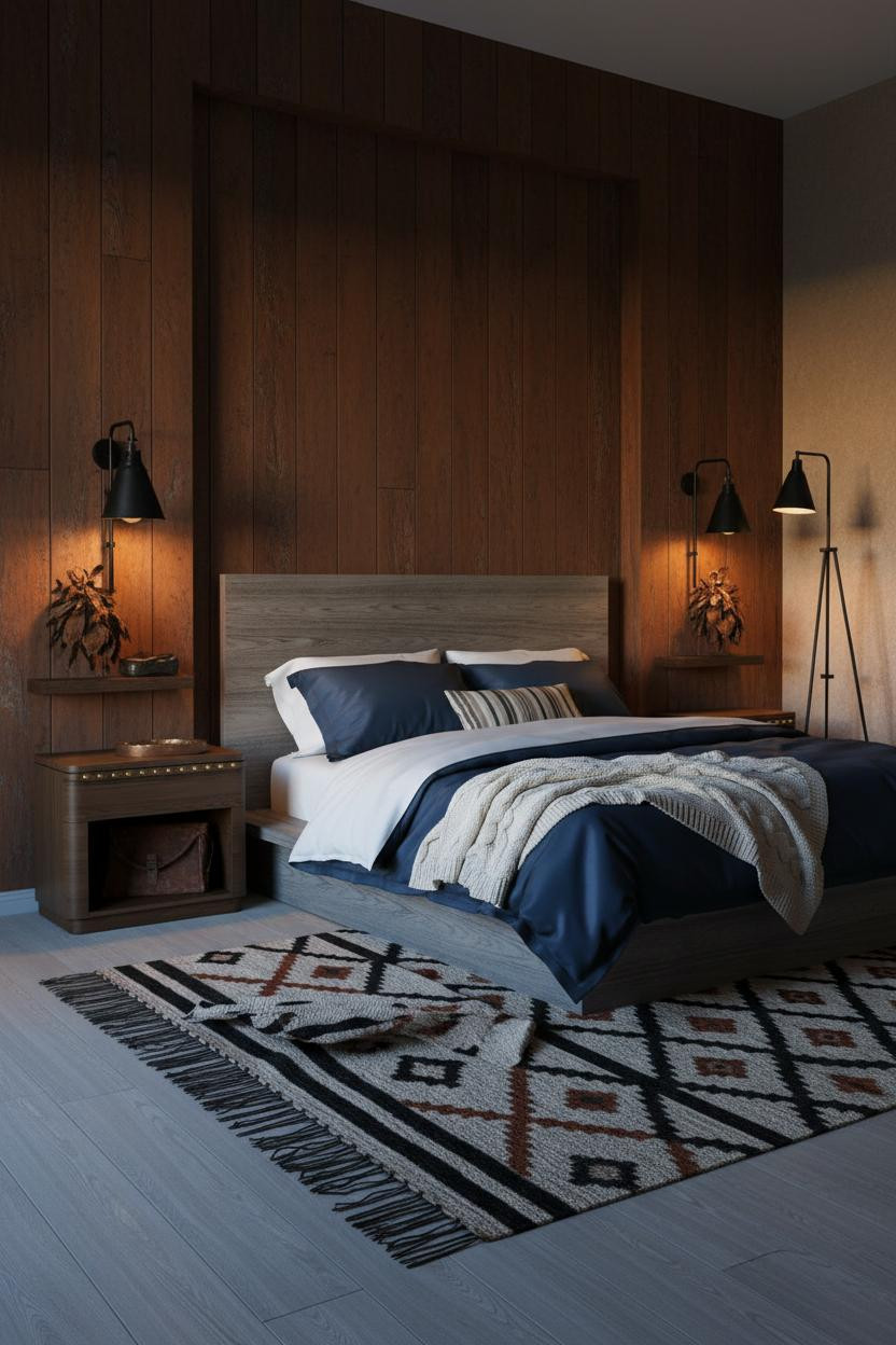 Dark Western Bedroom Shiplap Iron Fixtures