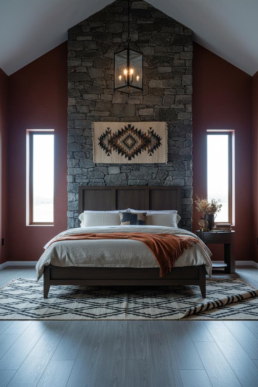 Dark Western Bedroom Stone Fireplace Gothic