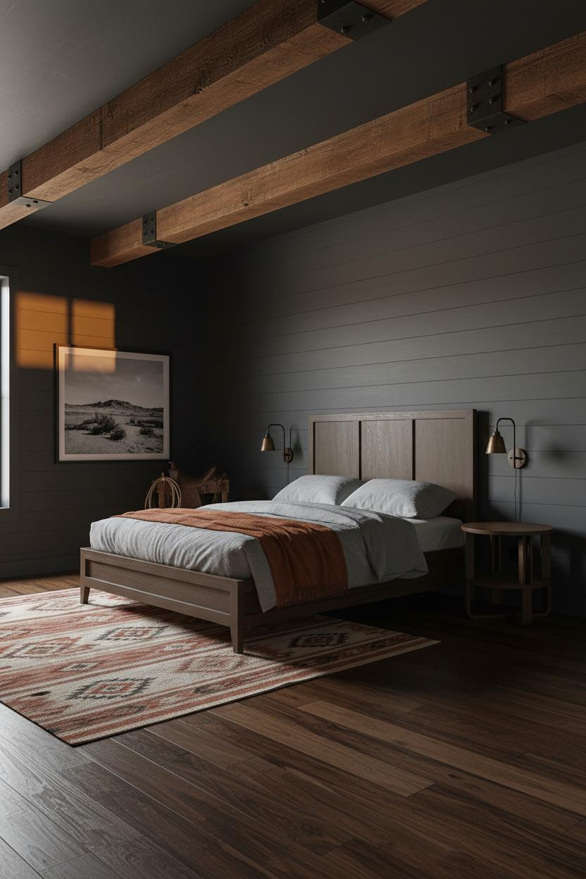 Dark Western Bedroom Timber Beams Charcoal