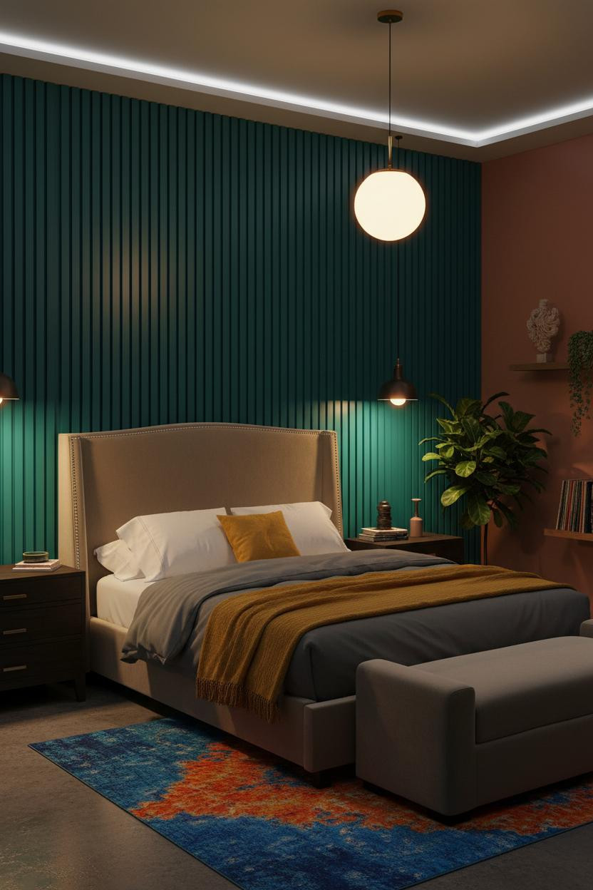 Dopamine Bedroom Teal Panels Warm Lighting