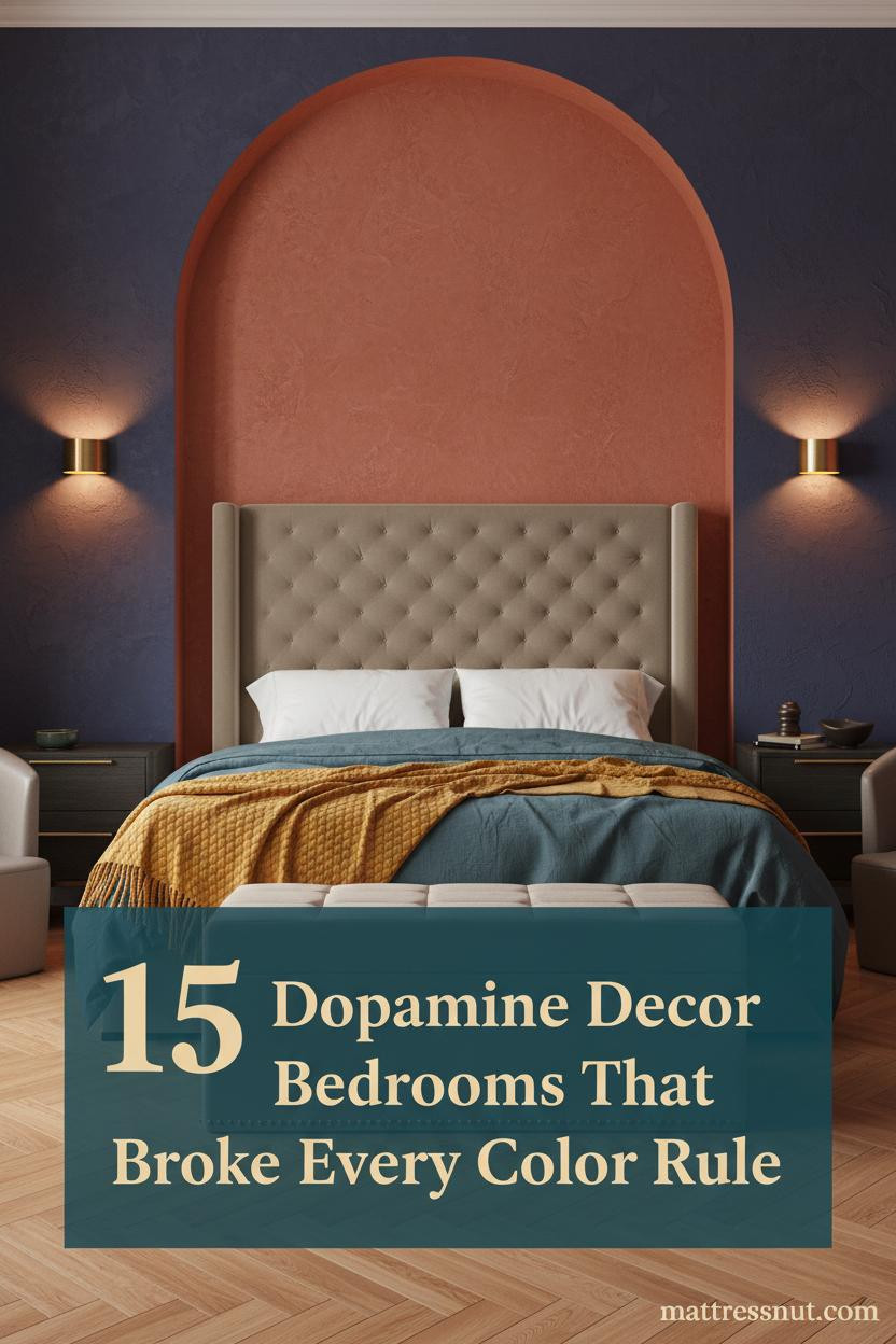 Bold dopamine decor bedroom with burnt sienna plaster arch, deep indigo walls, slate blue linen bedding, mustard throw, and warm brass sconces