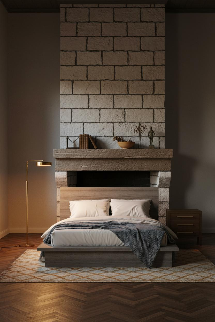 Earthy Vintage Bedroom Dark Academia Fireplace
