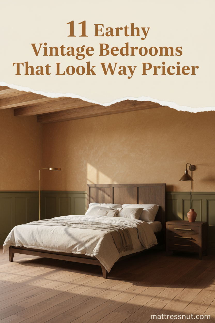 Earthy vintage bedroom with ochre plaster walls, reclaimed oak floors, cream linen bedding, brass lamp, and terracotta ceramic accents in warm amber light