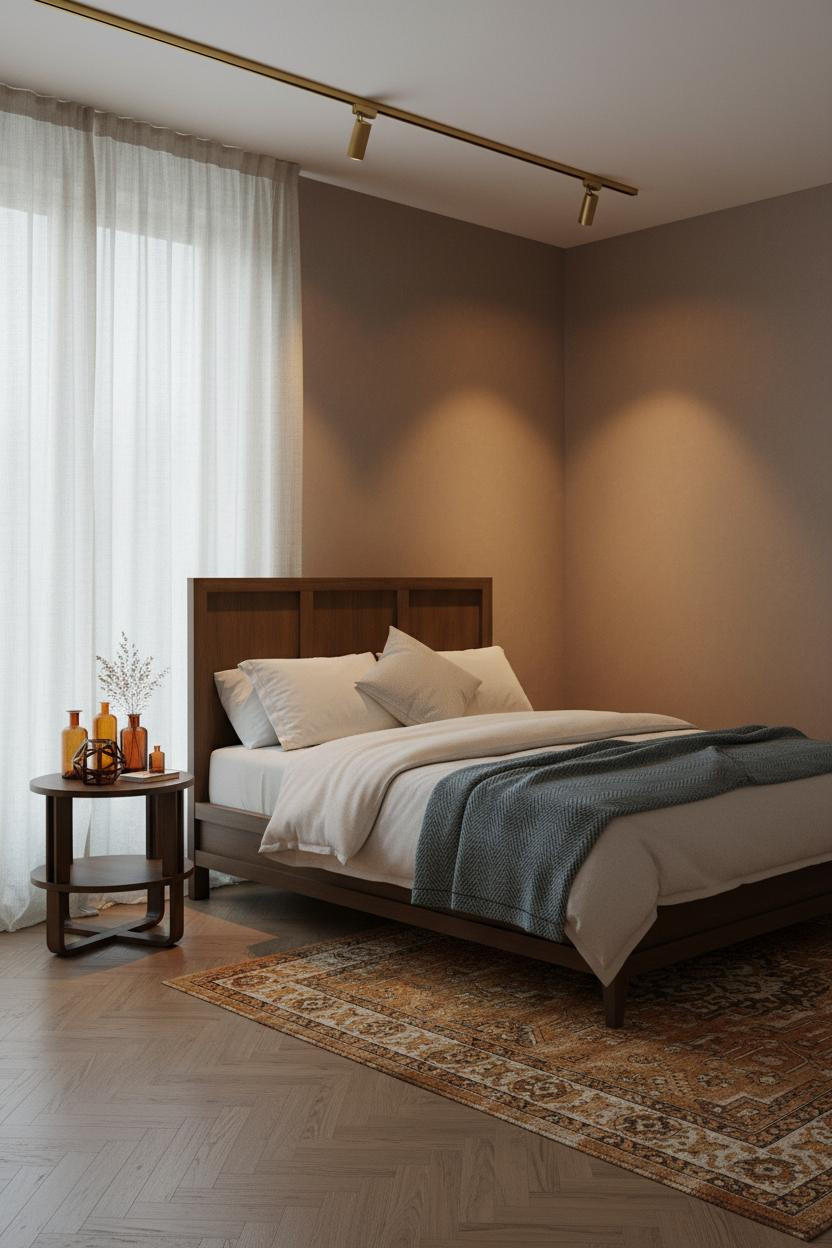 Eclectic 70s Bedroom with Brass Track Lighting and Warm Boho Design