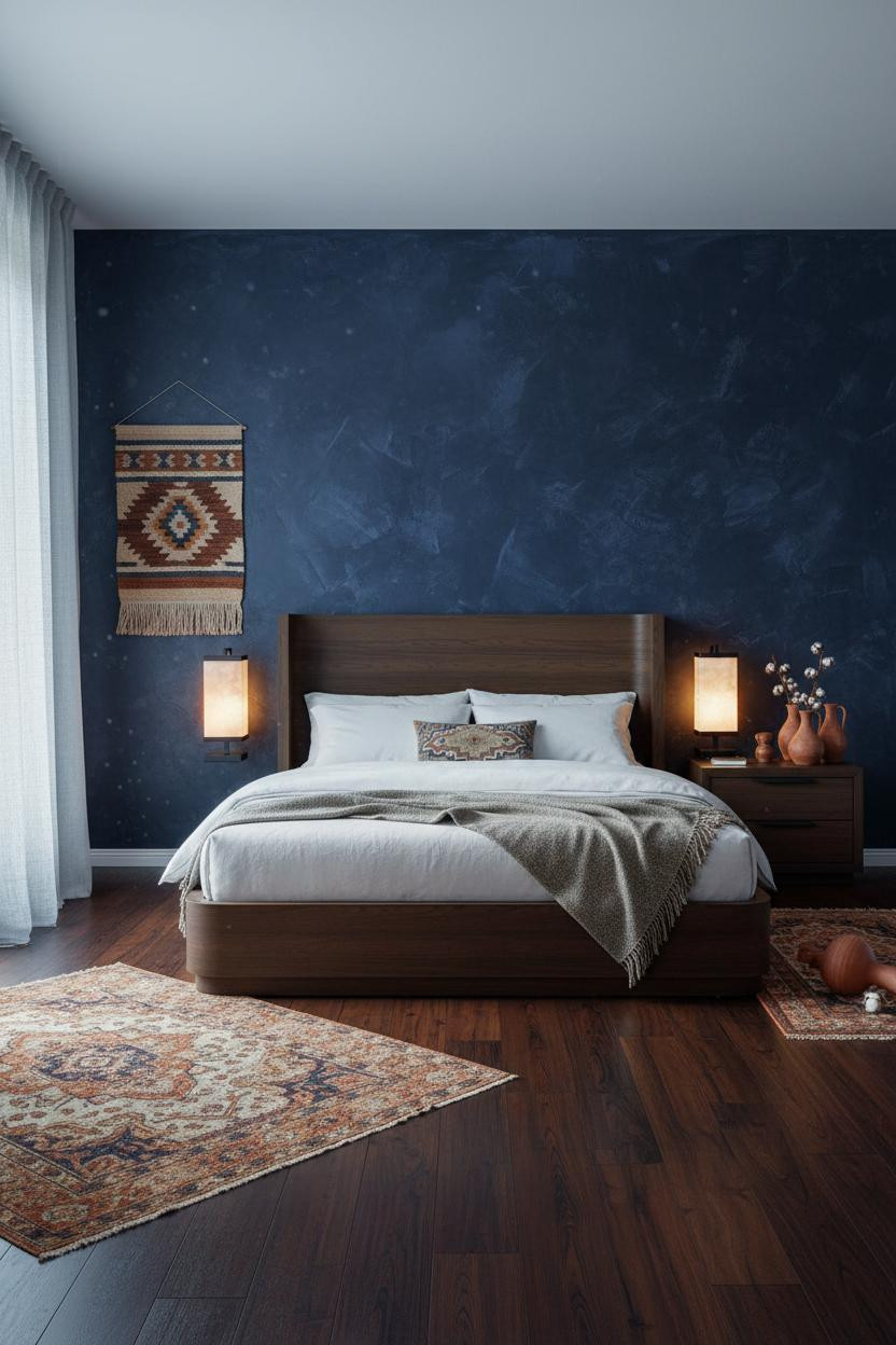 Eclectic 70s Bedroom with Warm Indigo Plaster Walls and Boho Decor