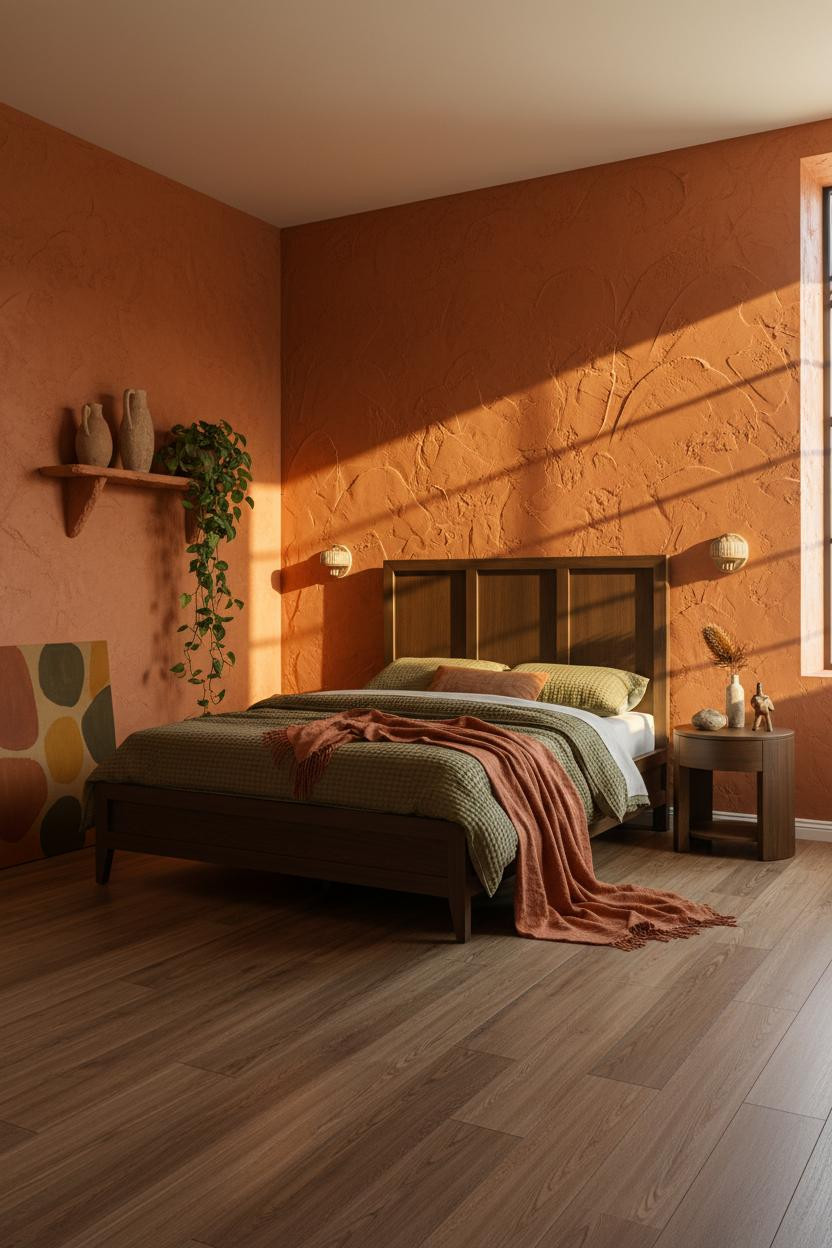 Eclectic 70s Bedroom Rust Plaster and Warm Wood Design