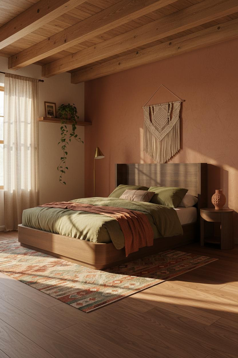 Eclectic 70s Bedroom with Warm Terracotta Walls and Macrame Wall Hanging