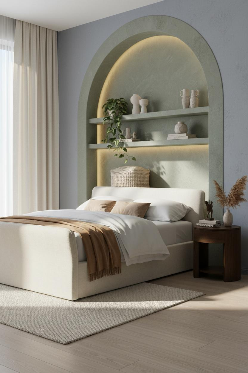Eclectic Bedroom 70s Botanical Design with Sage Green Arched Alcove