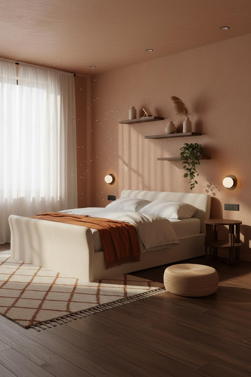 Eclectic Bedroom 70s Boho Design with Warm Terracotta Shelving