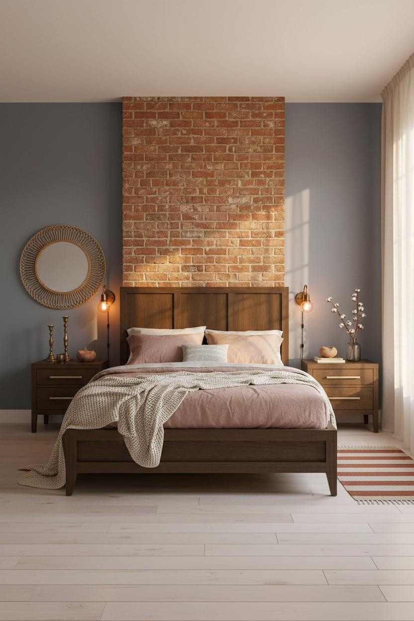 Eclectic Bedroom 70s Earthy Design with Exposed Brick and Rattan Mirror