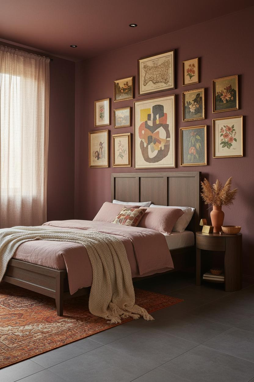 Eclectic Bedroom 70s Warm Gallery Wall with Burgundy Walls