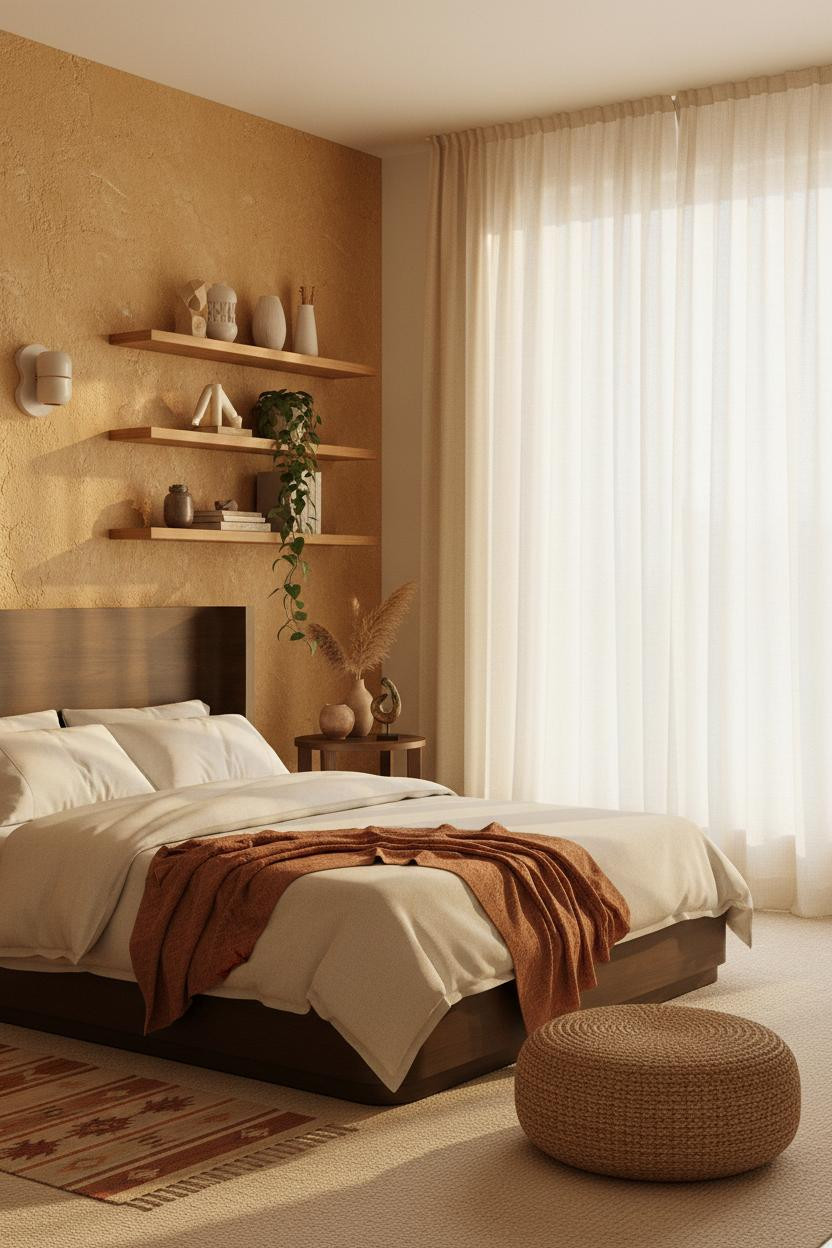 Eclectic Bedroom 70s Warm Gathered Design with Honey Oak Shelving