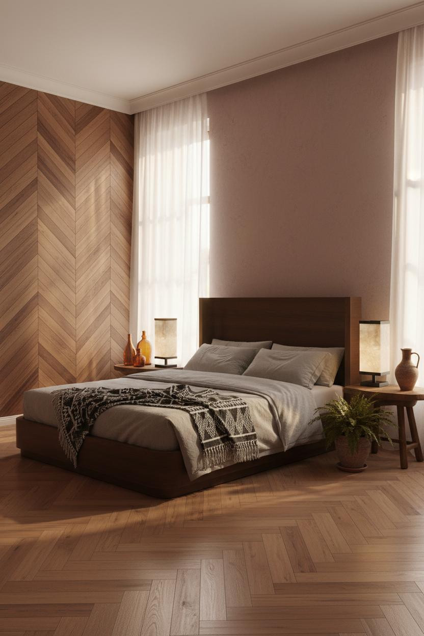 Eclectic Bedroom 70s Moroccan Design with Herringbone Wood Wall