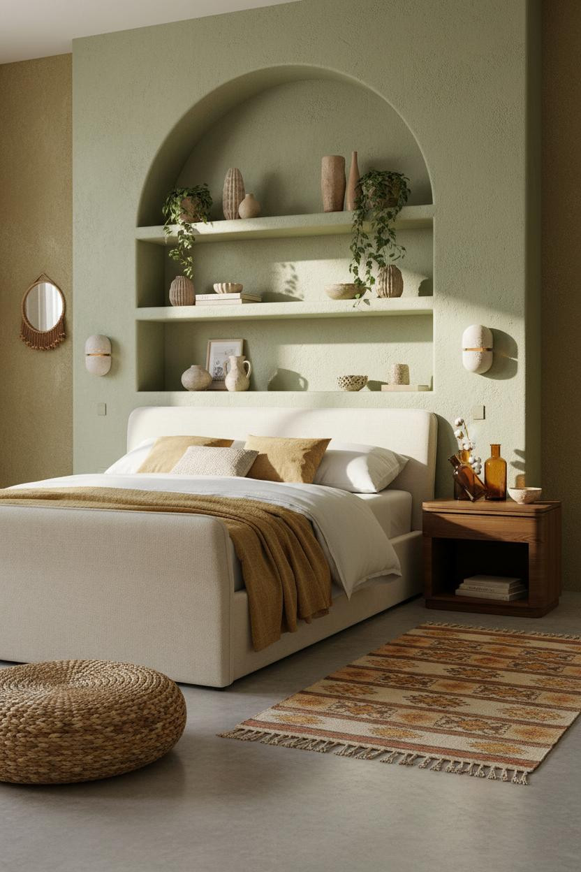 Eclectic Bedroom 70s Earthy Design with Sage Green Alcove Morning Light