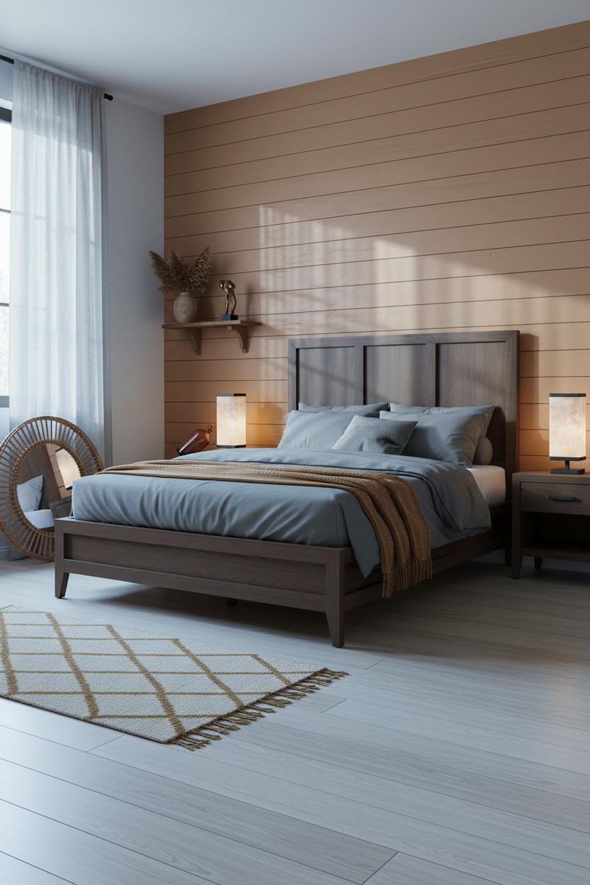 Eclectic Bedroom 70s Earthy Design with Cozy Clay Shiplap Wall