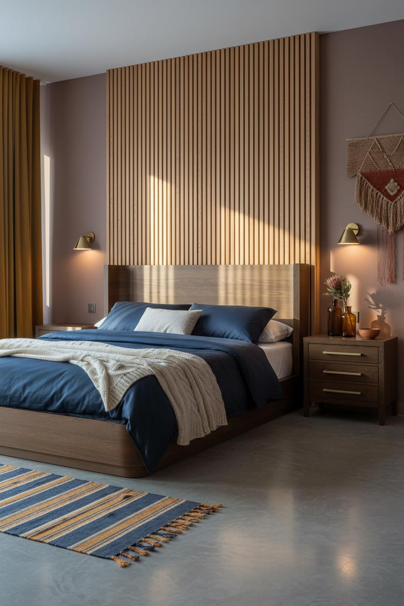 Eclectic Bedroom 70s Earthy Design with Honey Oak Slatted Wood Wall