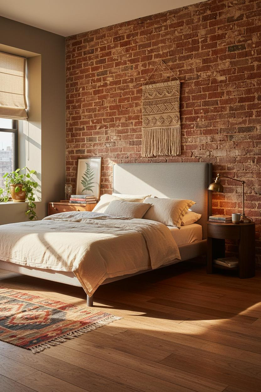 Eclectic Bedroom Aesthetic Vintage Brick Warm Light
