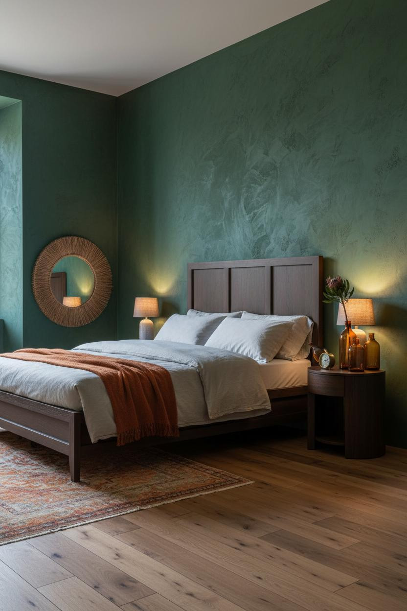 Eclectic Bedroom Forest Green 70s Earthy Aesthetic with Plaster Walls