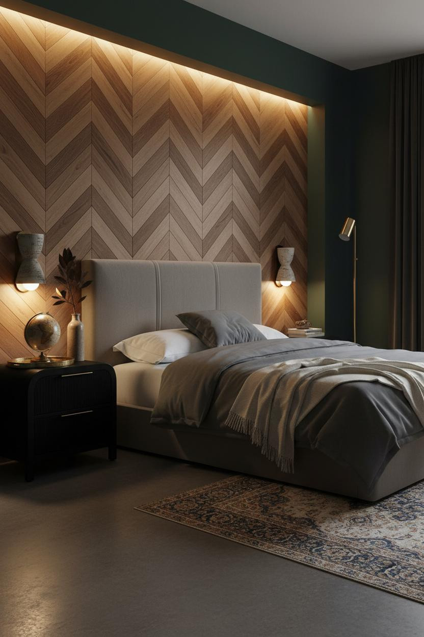 Eclectic Bedroom Herringbone Wood Dark Feminine