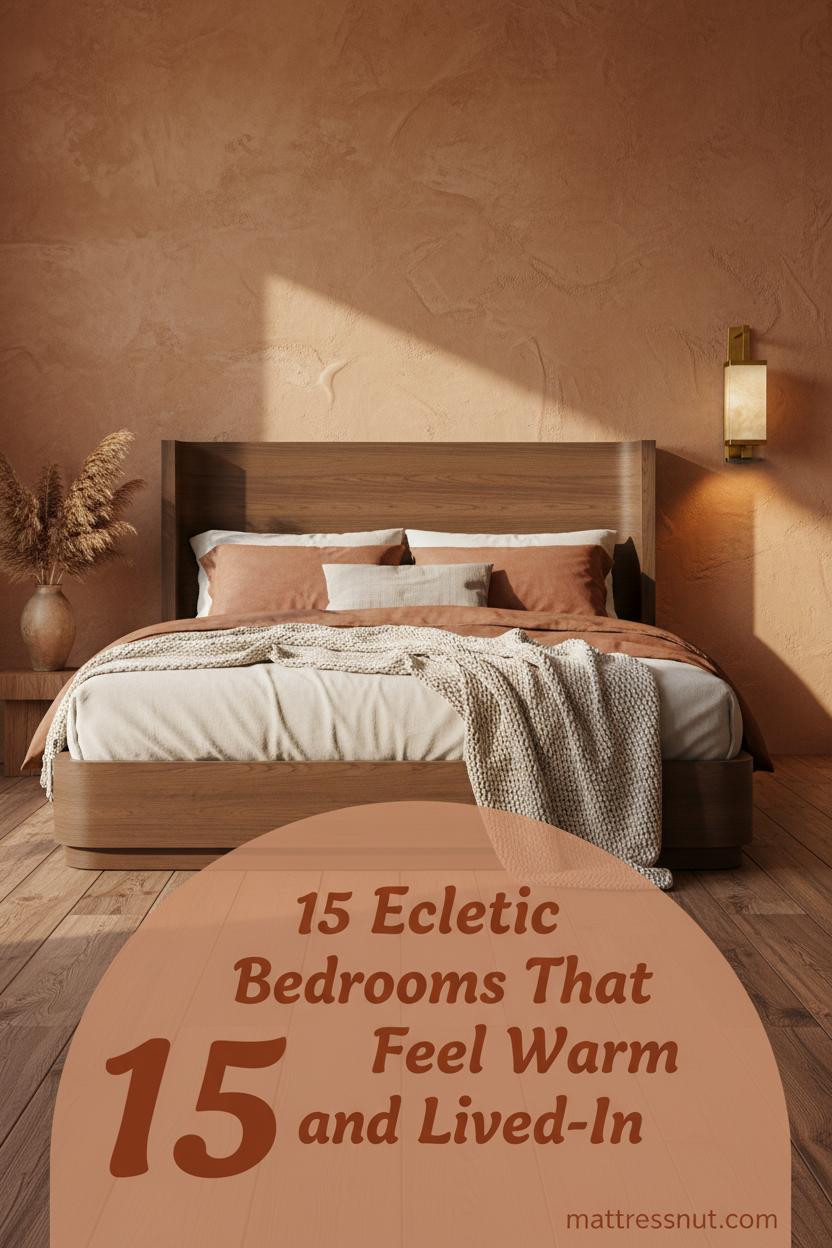 Eclectic bedroom with amber plaster accent wall, brass sconce, ivory rust linen bedding, boucle throw, and dried pampas on walnut floors