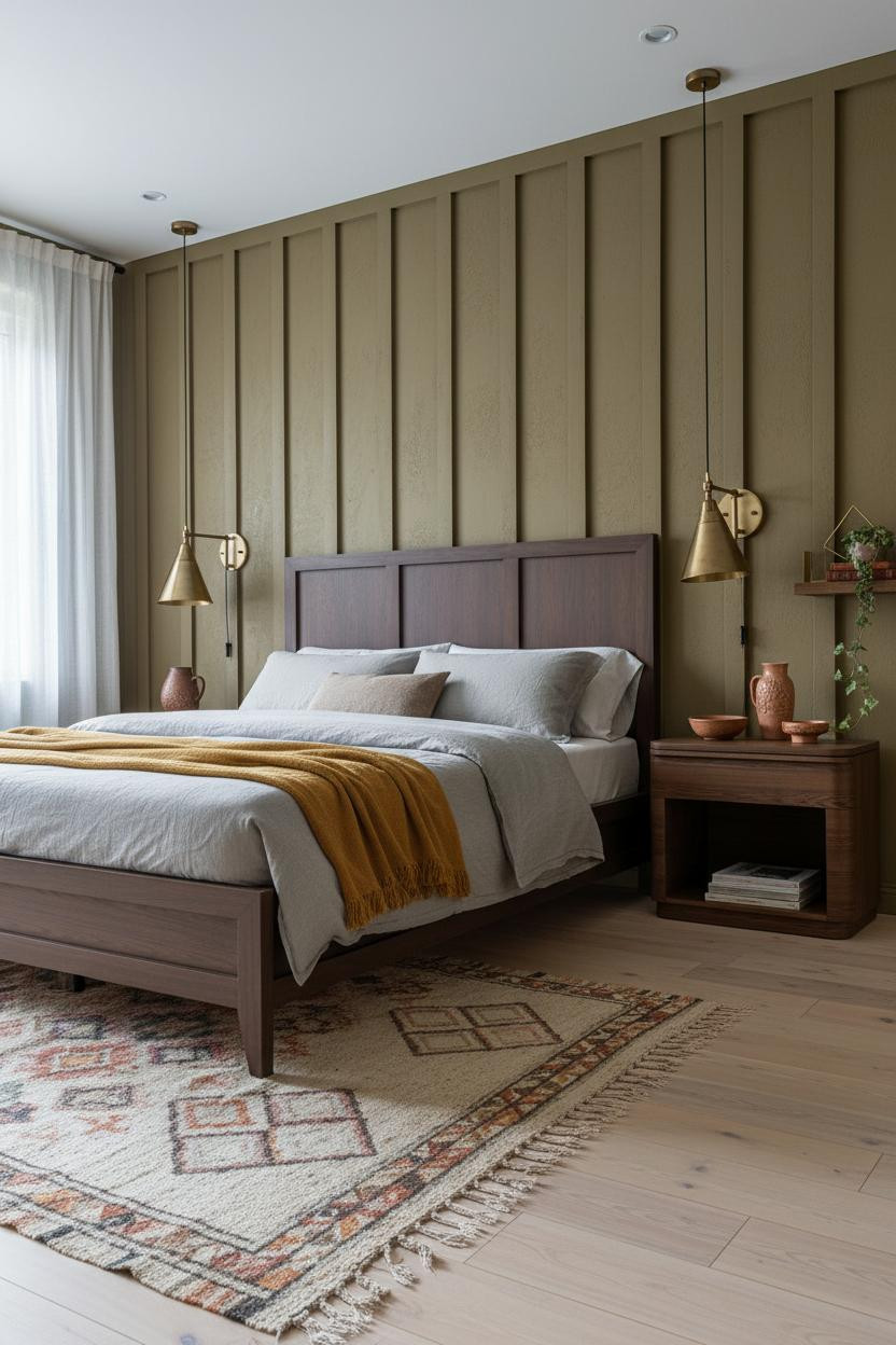 Eclectic Bedroom 70s Earthy Design with Olive Board and Batten Accent Wall and Brass Sconces