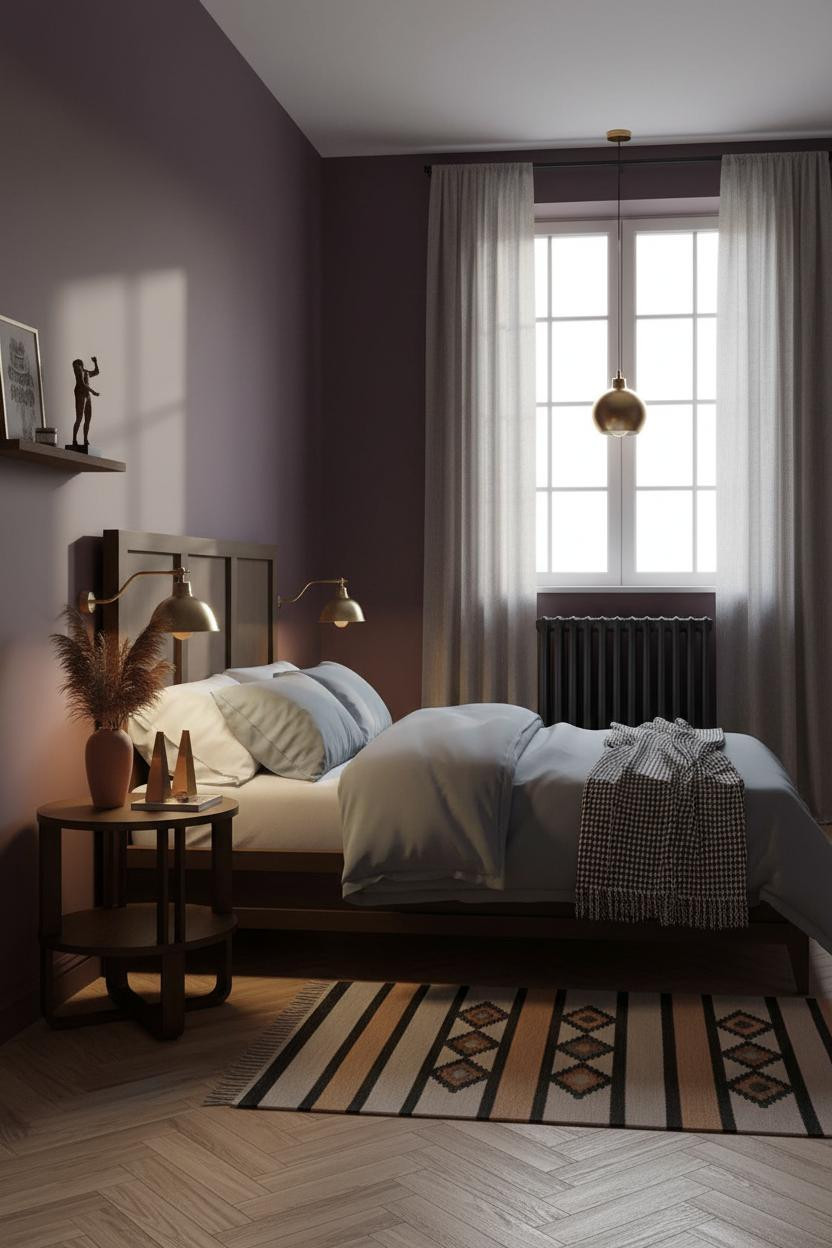 Eclectic Bedroom Plum Walls Brass Accents