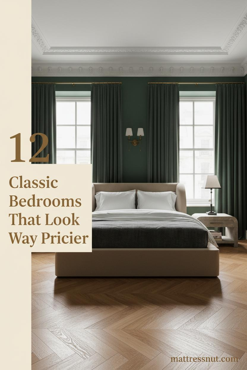 Tall English bedroom with forest green walls, ivory crown molding, Georgian sash windows, velvet curtains, herringbone parquet, and antique brass sconces