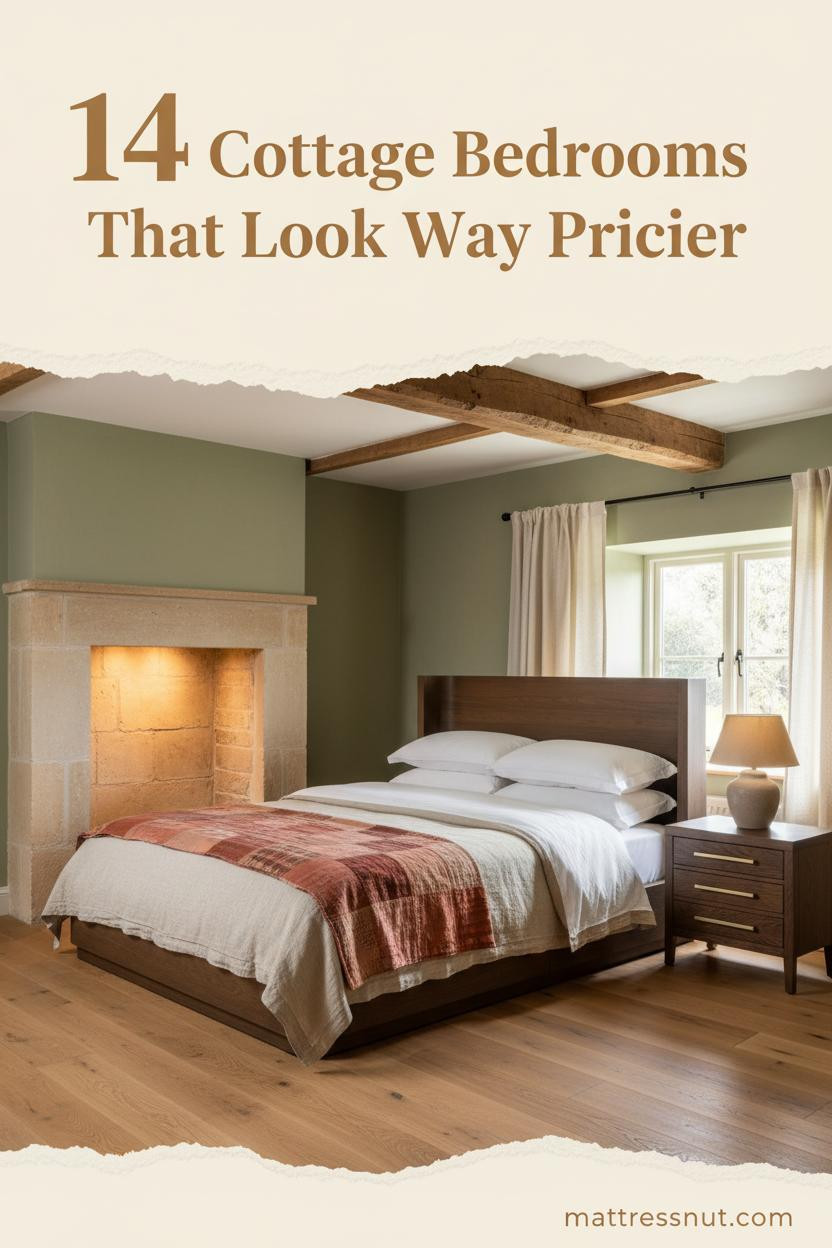Sage green limewash bedroom with dark oak beams, honey stone chimney, oatmeal linen bedding, terracotta throw, and warm amber lamplight