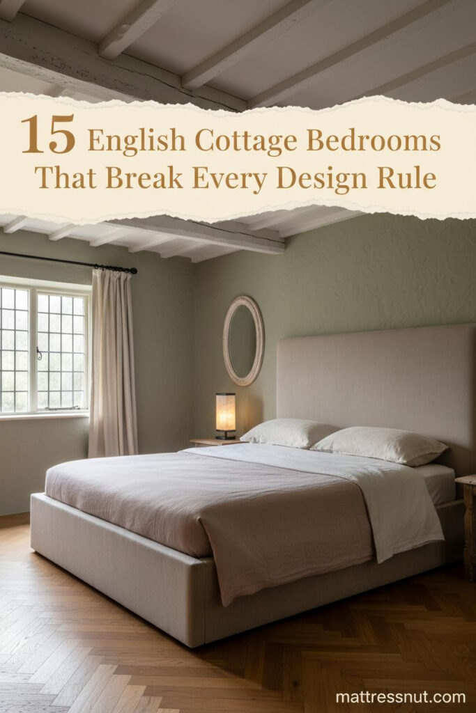 English cottage bedroom with whitewashed oak beams, sage lime-plaster walls, layered linen bedding, leaned oval mirror, and warm amber morning light