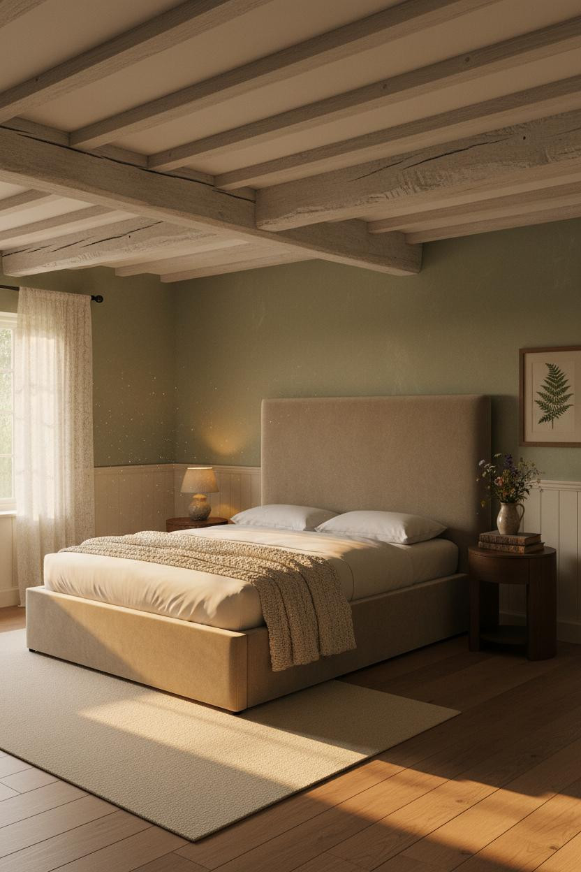 English Cottage Bedroom Lace Curtains Wood Beams
