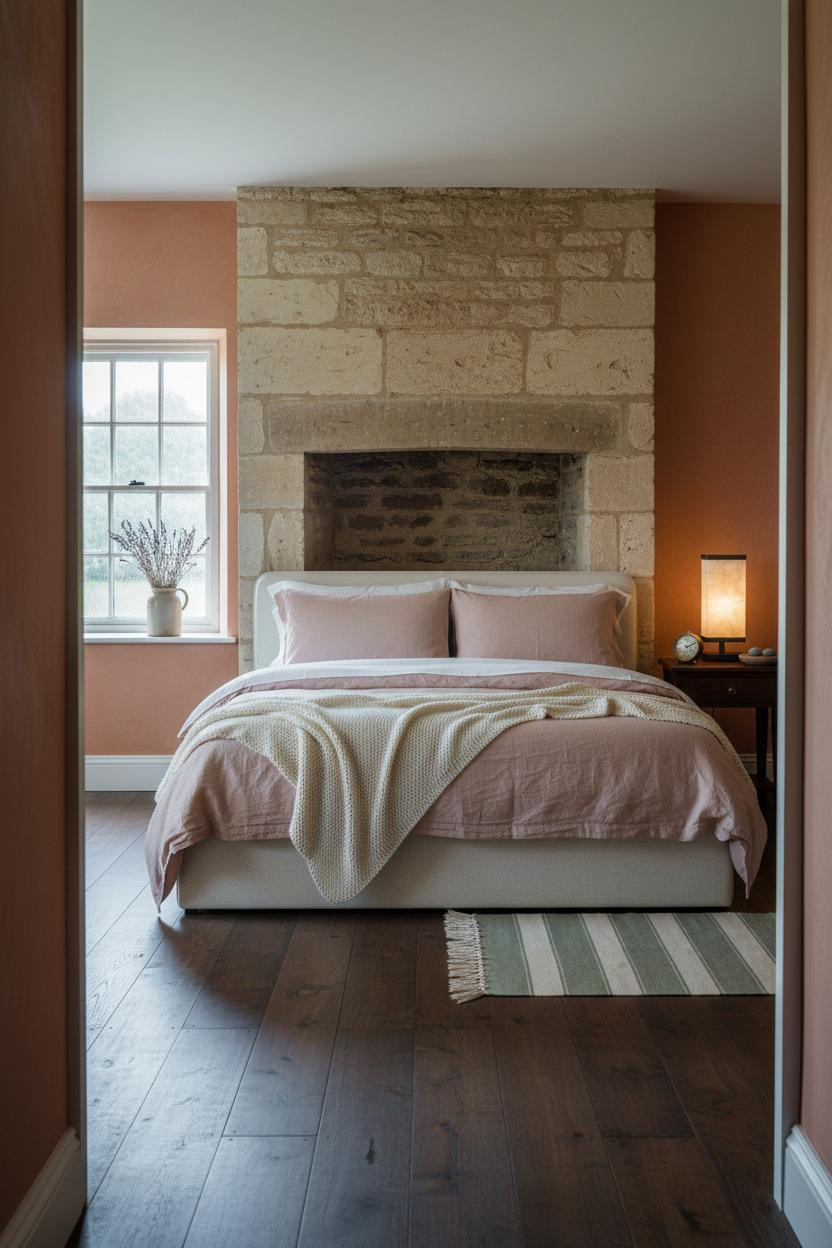 English Cottage Bedroom Stone Chimney Vintage